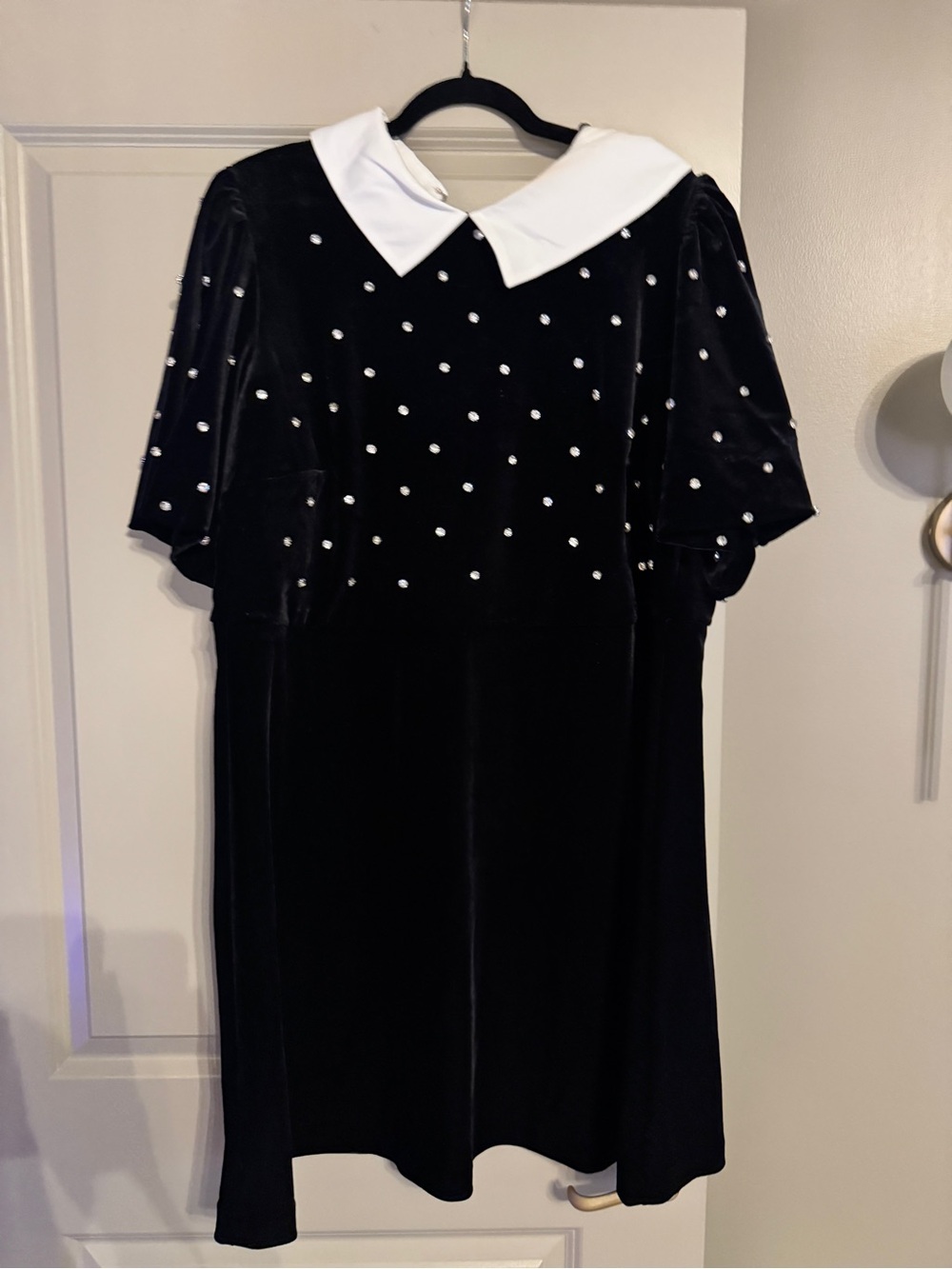 Eloquii Black Velvet Midi Dress with White Peter Pan Collar and Pearl Dots